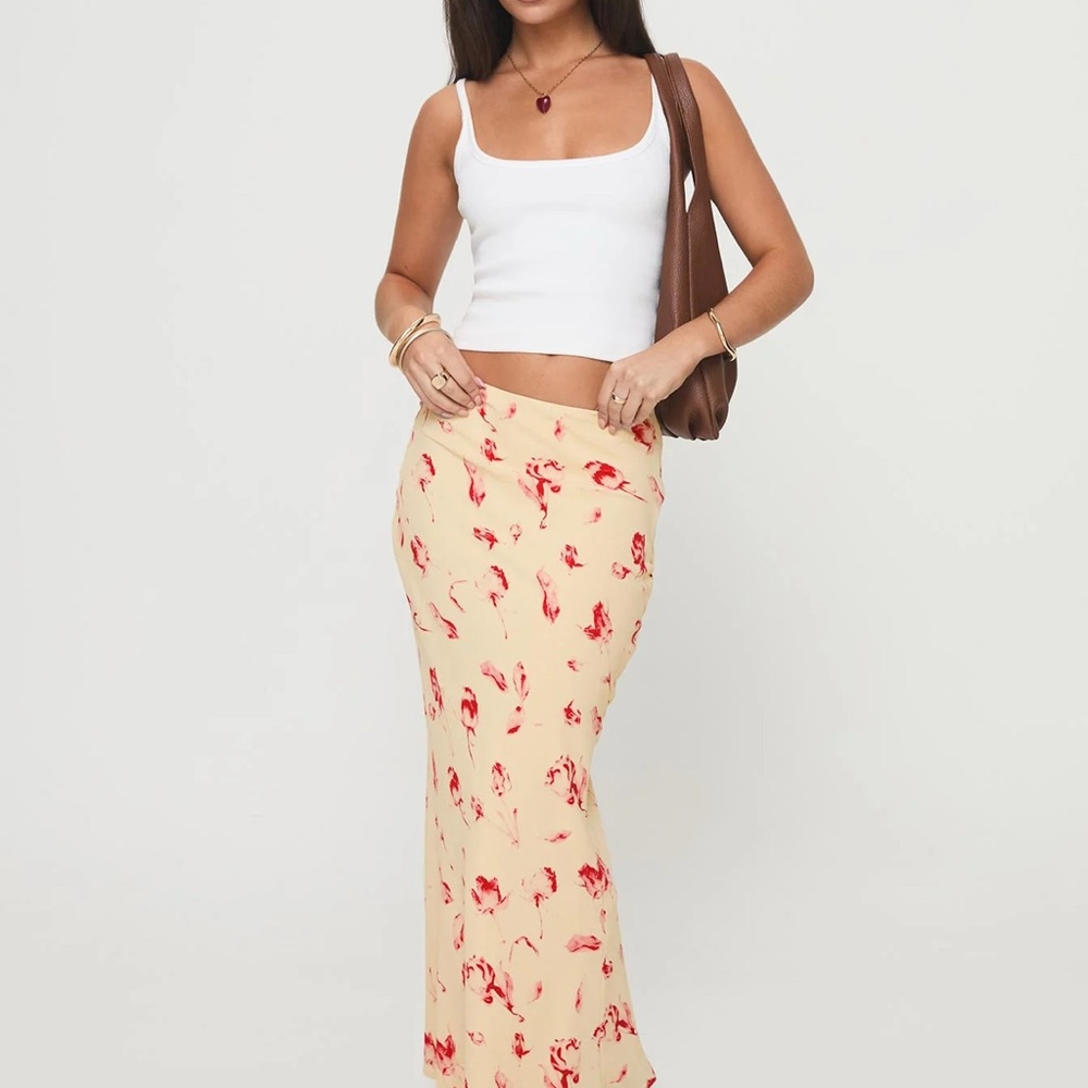 Princess Polly Cream and Red Rose Maxi Skirt